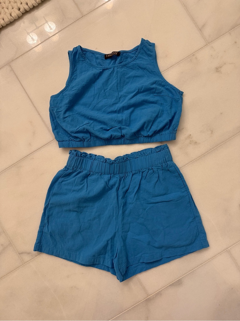 Fancyinn Bright Blue Crop Tank Top and Matching Short Set Size Medium